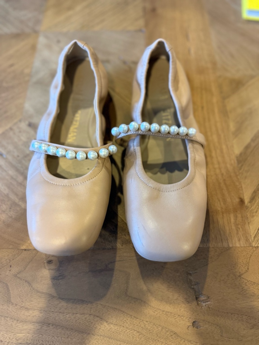 Stuart Weitzman Pearl-Strap Ballet Flats in Blush/Tan